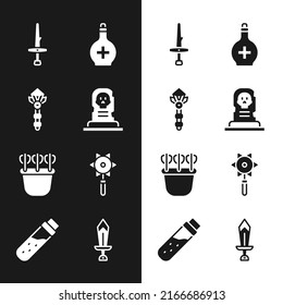 Set Grave with tombstone, Magic wand, Dagger, Bottle potion, Quiver arrows, Medieval chained mace ball, Sword for game and icon. Vector