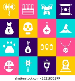 Set Grave with tombstone, Necklace amulet, Witch hat, Body armor, Skull, Old money bag, Medieval poleaxe and Bottle potion icon. Vector