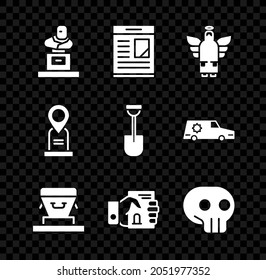 Set Grave with tombstone, Obituaries, Christmas angel, Coffin, Death certificate hand, Skull, Location grave and Shovel icon. Vector