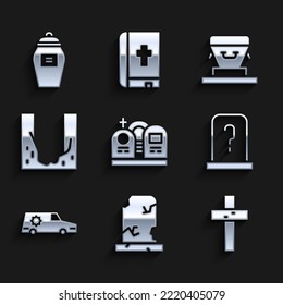 Set Grave with tombstone, Old grave, Christian cross, Hearse car, Cemetery digged hole, Coffin and Funeral urn icon. Vector