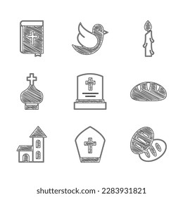 Set Grave with tombstone, Pope hat, Christian bread, Church building, church tower, Burning candle and Holy bible book icon. Vector