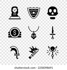 Set Grave with tombstone, Shield, Skull, Sword for game, Magic staff, Ancient coin and Necklace amulet icon. Vector