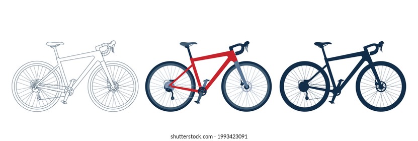 Set of gravel, road, touring bikes in realistic, outline and silhouette style. Vector illustration isolated on white background