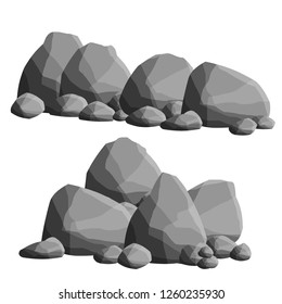 Set of gravel stone element of nature, mountains, forests and caves. Low barrier. Natural wall and fence of rock cobblestones and pile of gray blocks. Cartoon flat illustration.