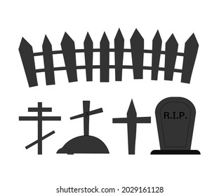 Set of graves, crosses and a fence isolated on a white background. Vector flat illustration. halloween element illustration. Can be used in web and mobile. 