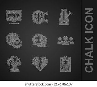 Set Graves funeral sorrow, Broken heart divorce, Medical clipboard, Users group, Head with question mark, Psychology, Psi, Metronome pendulum and  icon. Vector