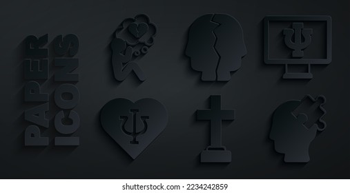 Set Graves funeral sorrow, Psychologist online, Psychology, Psi, Solution to the problem, Bipolar disorder and Broken heart divorce icon. Vector