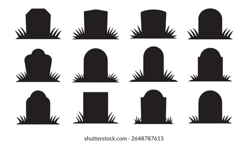 Set of Gravestone Silhouettes in Grass. gravestone silhouette, high quality vector. black silhouette tombstones of varying shapes, nestled in patches of grass. witch hat, halloween, silhouette, black 