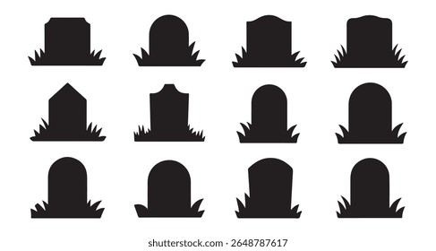 Set of Gravestone Silhouettes in Grass. gravestone silhouette, high quality vector. black silhouette tombstones of varying shapes, nestled in patches of grass. witch hat, halloween, silhouette, black 
