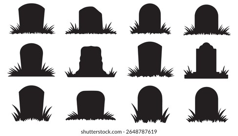 Set of Gravestone Silhouettes in Grass. gravestone silhouette, high quality vector. black silhouette tombstones of varying shapes, nestled in patches of grass. witch hat, halloween, silhouette, black 
