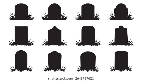 Set of Gravestone Silhouettes in Grass. gravestone silhouette, high quality vector. black silhouette tombstones of varying shapes, nestled in patches of grass. witch hat, halloween, silhouette, black 