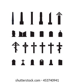 a set of gravestones. black fill. crosses, monuments, statues