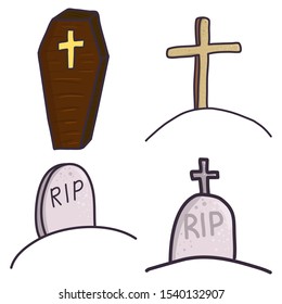 Set of gravestones and coffin. Halloween cartoon vector illustration.