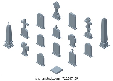 Set of gravestones isolated on white background. Isometric vector illustration