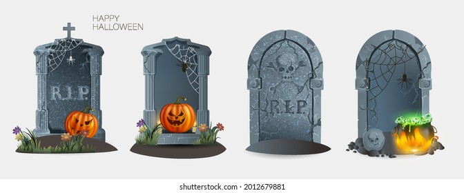 Set of gravestones with rest in peace inscription vector illustration. Ancient rip. Halloween elements for decor concept. Isolated on white background