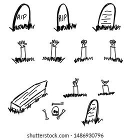 Set of grave-themed sketches. Great for Halloween! Includes 5 gravestones, 6 zombie hands, a set of bones, and a coffin! Each editable image is grouped and labeled. 