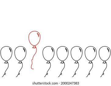 Eine Reihe grauer Ballons einzeln auf weißem Hintergrund. Es gibt eine rote in der Gruppe, die höher schwebt als eine andere. Konzept über Idee, Denken, Kreativität, anders und Selbstvertrauen.