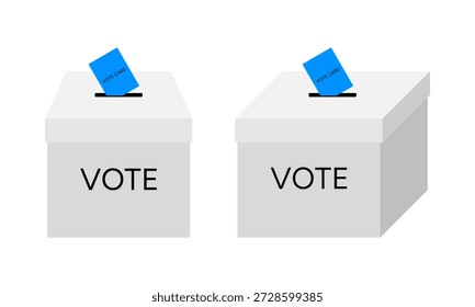 Conjunto de urnas cinzentas com cédulas de votação azuis com ilustração simples e limpa representando os conceitos de eleição, democracia e processo de votação.