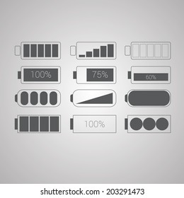 Set of gray battery icons with bars and circles showing charge level. Energy cells for mobile devices with graphs showing how much device can work without recharging.