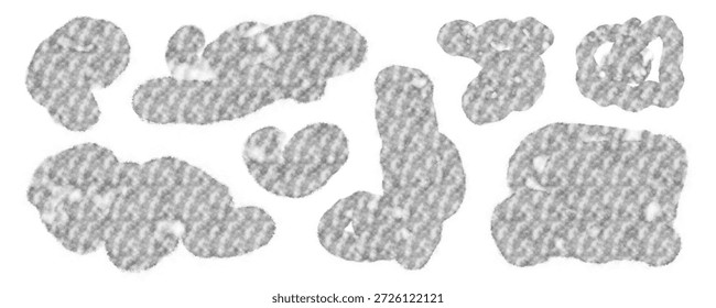 Conjunto de Formas de manchas grises, Formas líquidas para la ilustración. Partícula sucia, plata fluida, manchas grises con textura.