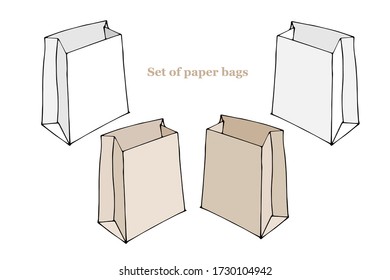 Set of gray and brown clear empty blank craft paper bags for takeaway isolated on white background. Delivery service. Place for advertizing. Home delivery during self quarantined