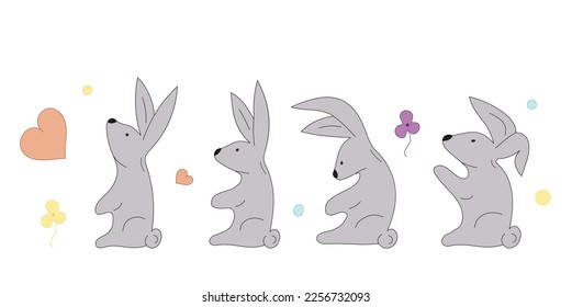 Set gray bunnies. Different poses hare. Rabbit Vector character illustration. Heart flowers, circles. Animal for icons, stickers, cover, print, textile, merch with rabbit, pattern, paper, scrapbooking