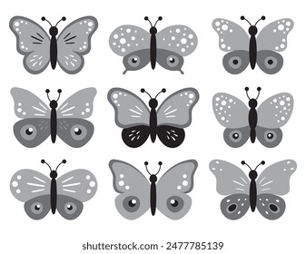 Set of gray butterflies isolated on white background, collection of silhouettes. Butterfly black color, flying shape, vector design. Abstract modern monarch butterfly contours for decoration design