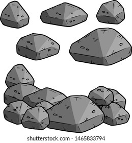 Set of gray cartoon granite stones of different shapes. Element of nature, mountains, rocks, caves on white background. Minerals, boulder and cobble