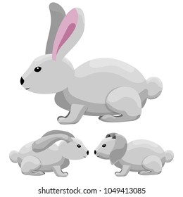 Set of gray cartoon rabbits with different type of ears.