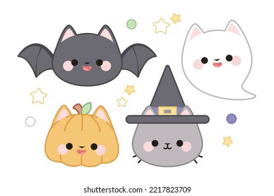 A set of a gray cat in a witch's hat, a pumpkin cat, a ghost cat and a cat bat with stars and green and purple dots.