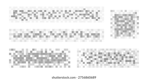 Set of gray censorship checkered textures on white background. Mosaic pixelated patterns for blurred text, image or another prohibited, banned or adult only content. Vector graphic illustration.