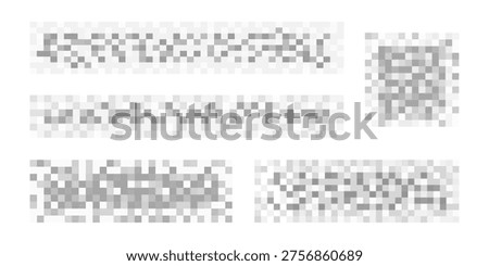 Set of gray censorship checkered textures on white background. Mosaic pixelated patterns for blurred text, image or another prohibited, banned or adult only content. Vector graphic illustration.