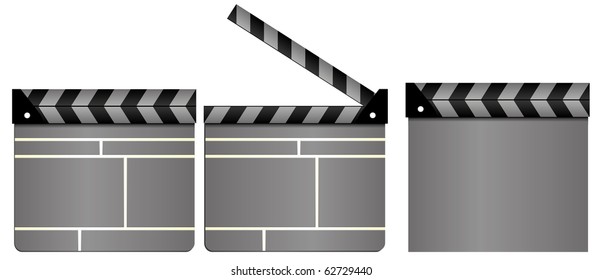 Set of gray cinema clapboards, movie clapper boards, closed and open, isolated on white background, vector illustration
