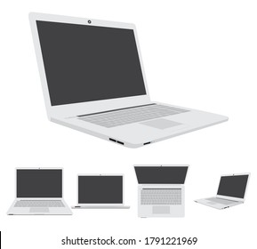Set of gray color computer laptops template blank screen. Large size is left side. Small is front, top and right isolated on white background.