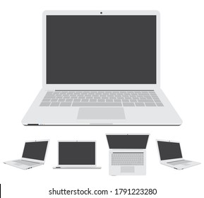 Set of gray color computer laptops template blank screen. Large size is front side. Small is top, right and left isolated on white background.