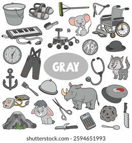 Set of gray color objects. Visual dictionary for children about the basic colors. Square cartoon sheet with isolated images to learning for kindergarten and preschool learning