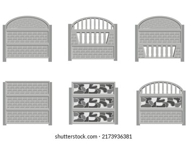 Set of gray concrete fence made of blocks. Brick construction. Fencing for home and garden. Vector graphics