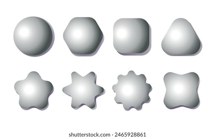 Set of gray convex realistic 3D buttons of various shapes.Elements for your design.Label, badge with empty space for insert. Button pin icon.
