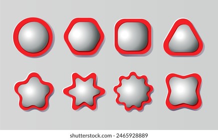 Set of gray convex realistic 3D buttons of various shapes with red frame.Elements for your design.Label, badge with empty space for insert. Button pin icon.