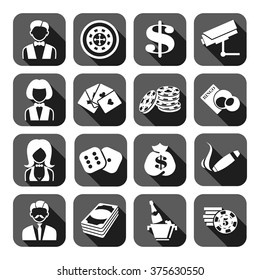 The set of gray flat monochrome casino icons. Slot machine.