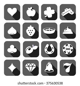 The set of gray flat monochrome slot machine casino icons.