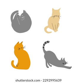 Set of gray and ginger cats. Sleeping, stretching, sitting. Silhouette flat vector design. 