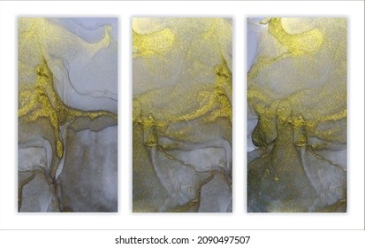 Set of gray with gold marble texture.  Hand-painted in alcohol ink technique. Abstract background. Vector. Template for banner, poster design. Fluid art painting.