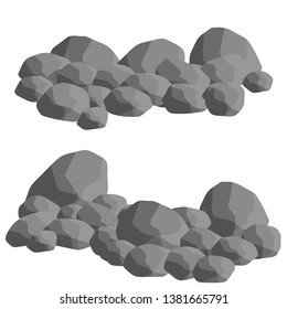 Set of gray granite stones of different shapes. Element of nature, mountains, rocks, caves. Minerals, boulder and cobble.
