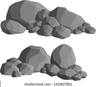 Set of gray granite stones of different shapes. rocks, caves. Minerals, boulder and cobble. Element of nature, mountains, 