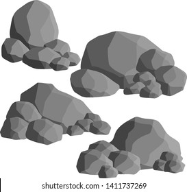 Set of gray granite stones of different shapes. rocks, caves. Minerals, boulder and cobble. Element of nature, mountains, 