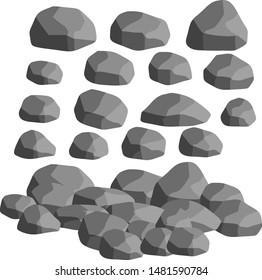 Set of gray granite stones of different shapes. Element of nature, mountains, rocks, caves. Minerals, boulder and cobble.