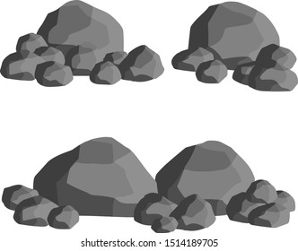 Set of gray granite stones of different shapes. Element of nature, mountains, rocks, caves. Minerals, boulder and cobble. Cartoon flat illustration