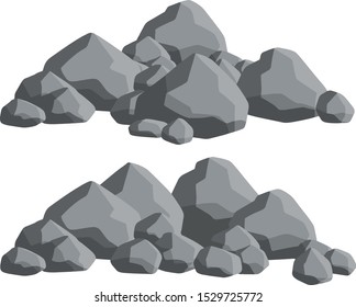 Set of gray granite stones of different shapes. Minerals, boulder and cobble. Cartoon flat illustration. Element of nature, mountains, rocks, caves