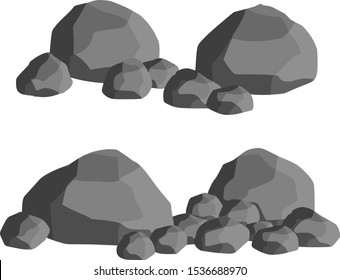 Set of gray granite stones of different shapes. Cartoon flat illustration. Element of nature, mountains, rocks, caves. Minerals, boulder and cobble